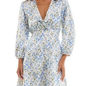 Light Blue Floral Long-Sleeve Midi Dress with Rosette Detail